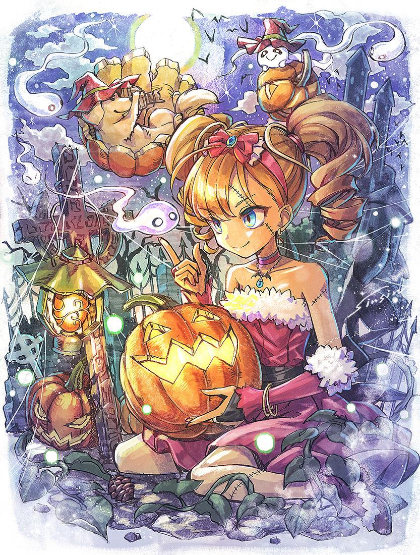 1girl, animal, bridal_gauntlets, broom, castle, dress, drill_hair, food