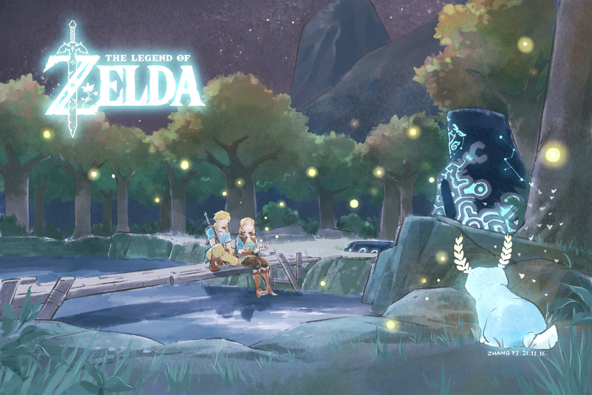 black_pants, blonde_hair, blupee, boots, brown_pants, commentary, fireflies, highres