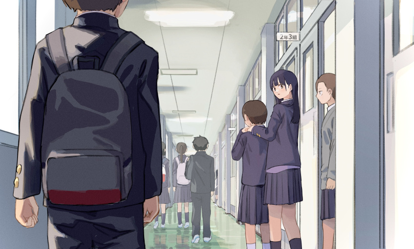 2boys, 5girls, absurdres, arms_at_sides, backpack, bag, black_hair, black_socks