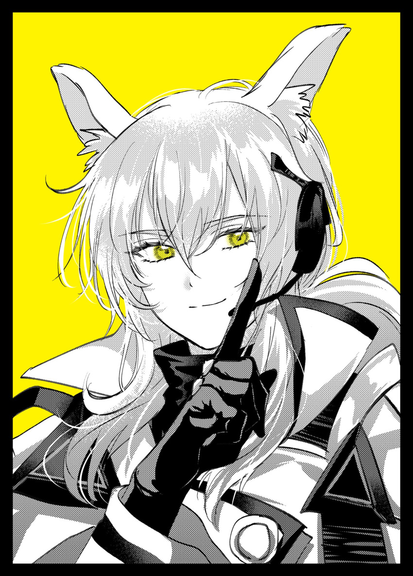1girl, animal_ear_fluff, animal_ears, arknights, black_border, black_gloves, border, closed_mouth, gloves, greyscale, hair_between_eyes, headset, highres, horse_ears, implied_extra_ears, jacket, long_hair, looking_at_viewer, monochrome, nearl_(arknights), onasu_(nasubinari), portrait, simple_background, smile, solo, spot_color, yellow_background, yellow_eyes