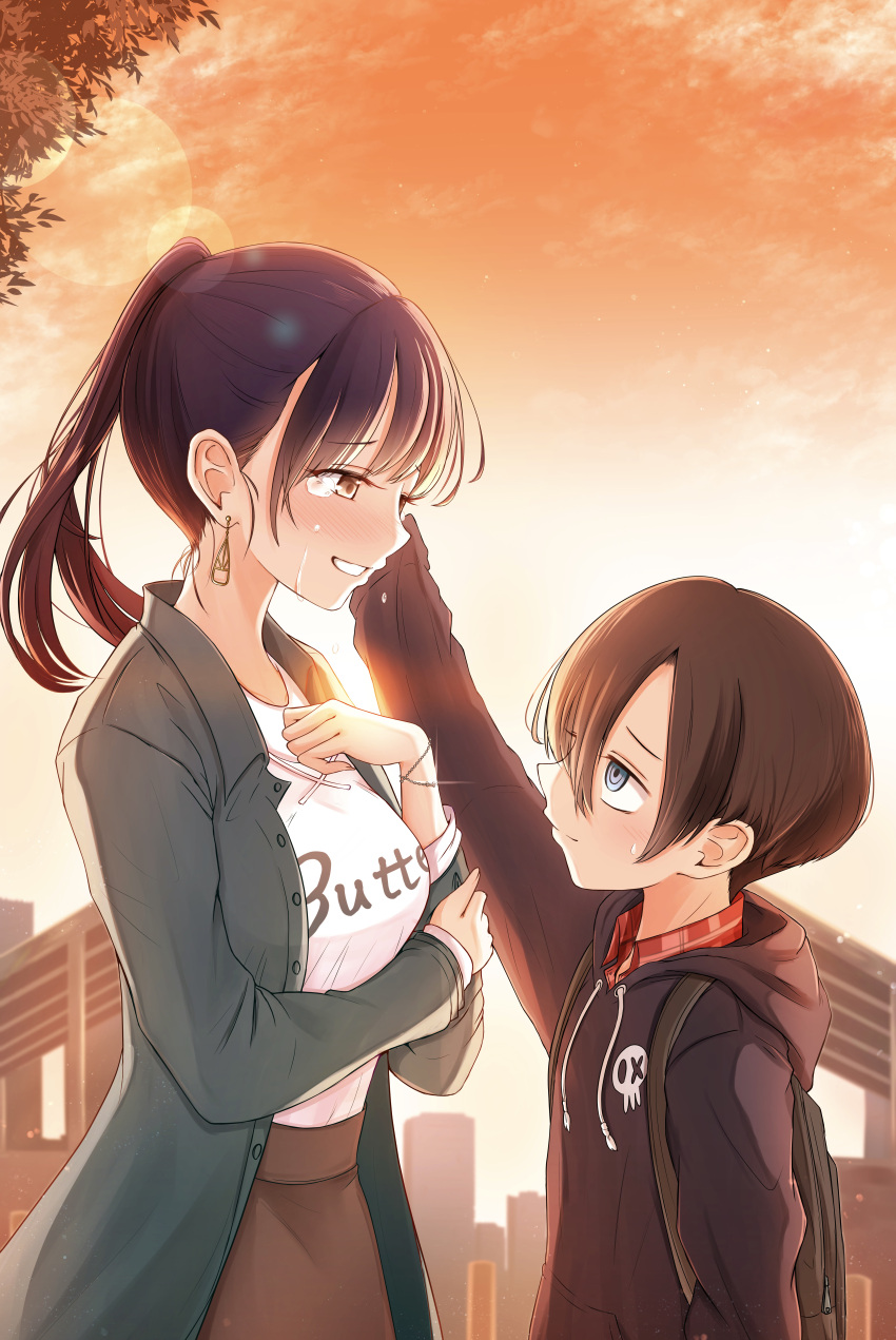 1boy, 1girl, absurdres, arm_across_chest, arm_up, backpack, bag, black_hair, black_hoodie, blue_eyes, boku_no_kokoro_no_yabai_yatsu, brown_eyes, brown_hair, brown_skirt, crying, crying_with_eyes_open, earrings, eye_contact, hand_up, height_difference, highres, hood, hood_down, hoodie, ichikawa_kyoutarou, jewelry, lens_flare, long_sleeves, looking_at_another, orange_sky, outdoors, ponytail, sacra_(sacrabokuyaba), shirt, skirt, sky, smile, tears, twilight, white_shirt, yamada_anna