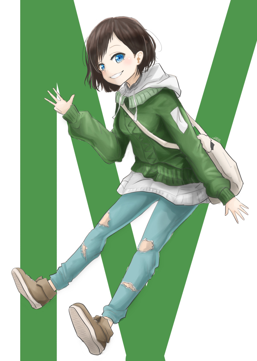 1girl, absurdres, bag, blue_eyes, boku_no_kokoro_no_yabai_yatsu, brown_footwear, brown_hair, casual