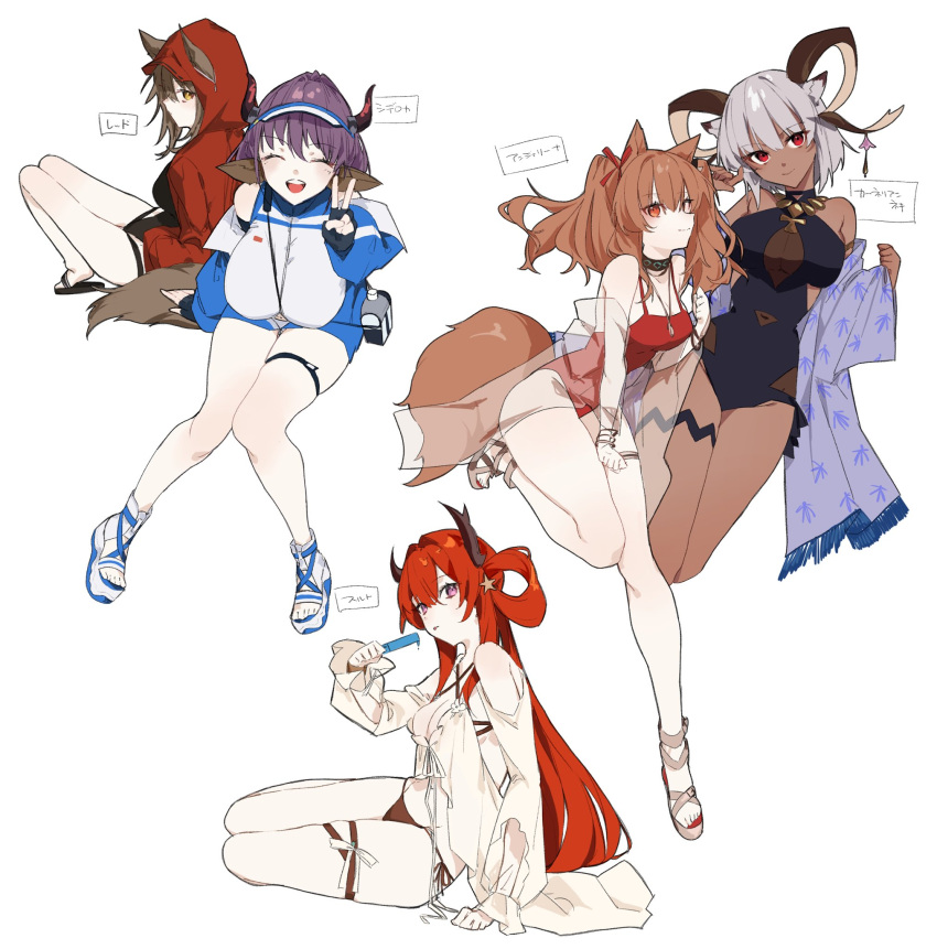 5girls, angelina_(arknights), angelina_(summer_flowers)_(arknights), animal_ears, arknights, carnelian_(arknights), carnelian_(shimmering_dew)_(arknights), cow_ears