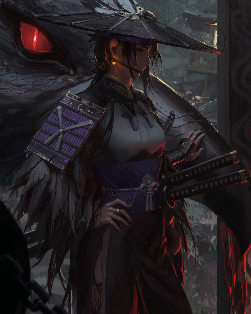 1girl, animal, animal_request, arm_guards, bird, black_gloves, black_hair, black_headwear