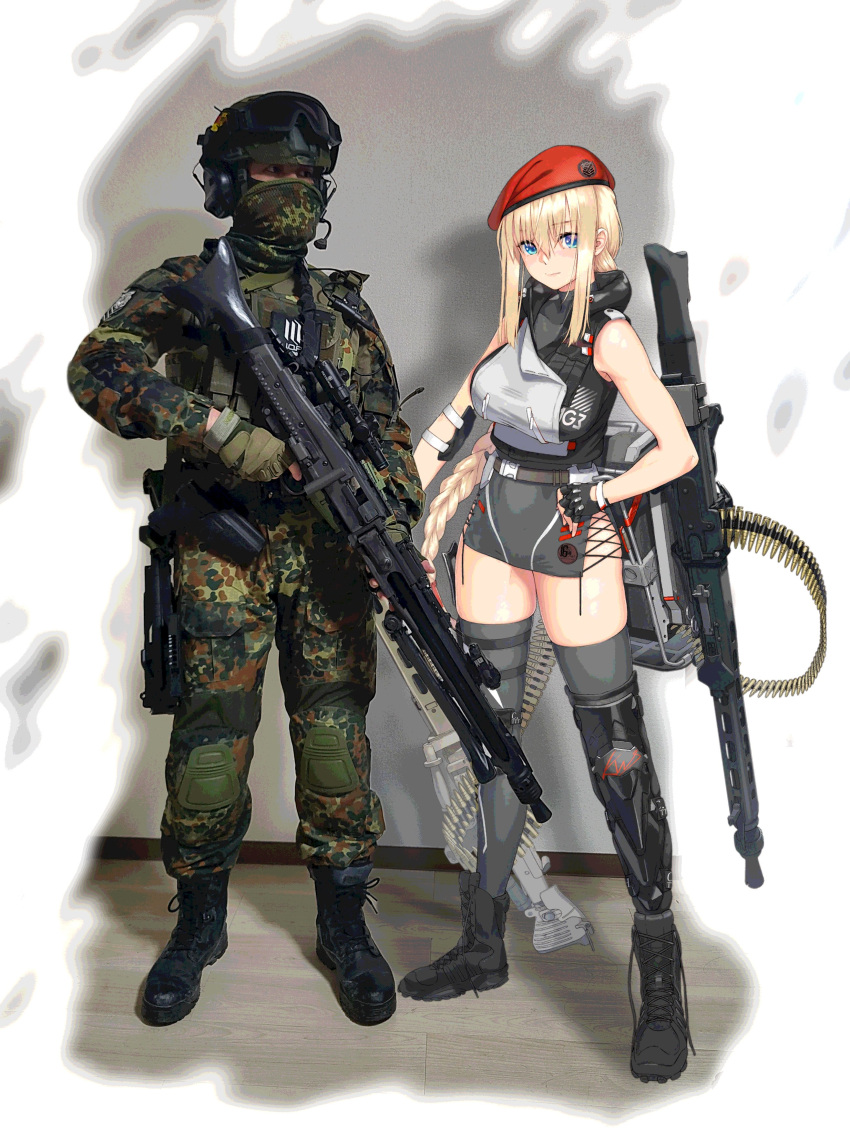 1boy, 1girl, absurdres, belt, beret, black_footwear, black_gloves, blonde_hair