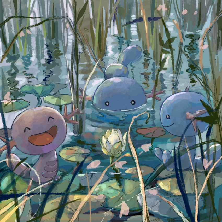 ^_^, afloat, black_eyes, closed_eyes, closed_mouth, highres, lily_pad, looking_at_another, open_mouth, partially_submerged, pokemon, pokemon_(creature), pond, reflection, reflective_water, ripples, sakusakufugashi, smile, swimming, tall_grass, water_lily_flower, wooper