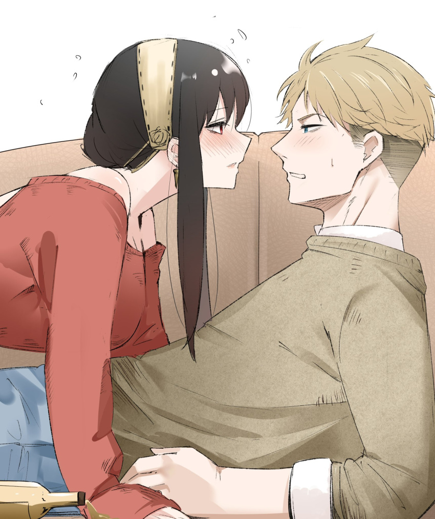 1boy, 1girl, assertive_female, bare_shoulders, black_hair, blonde_hair, blue_eyes, blush