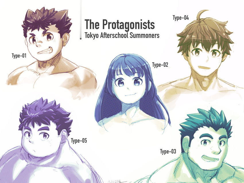 1girl, 4boys, cropped_torso, grin, hair_ears, highres, large_pectorals, long_hair