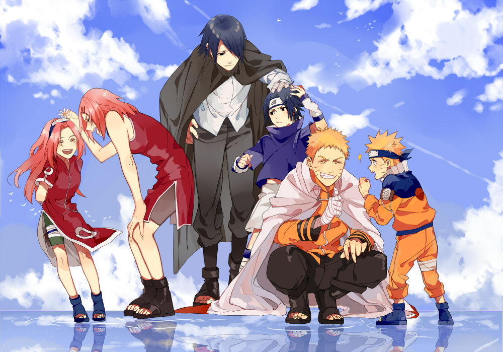 2girls, 4boys, bike_shorts, black_eyes, black_hair, blonde_hair, blue_eyes, boruto:_naruto_next_generations, closed_eyes, facial_mark, forehead_protector, green_eyes, haruno_sakura, kkkkt, konohagakure_symbol, long_hair, multiple_boys, multiple_girls, naruto, naruto_(series), naruto_shippuuden, open_mouth, pink_hair, shirt, short_hair, smile, spiky_hair, team7, time_paradox, toeless_footwear, uchiha_sasuke, uzumaki_naruto, whisker_markings