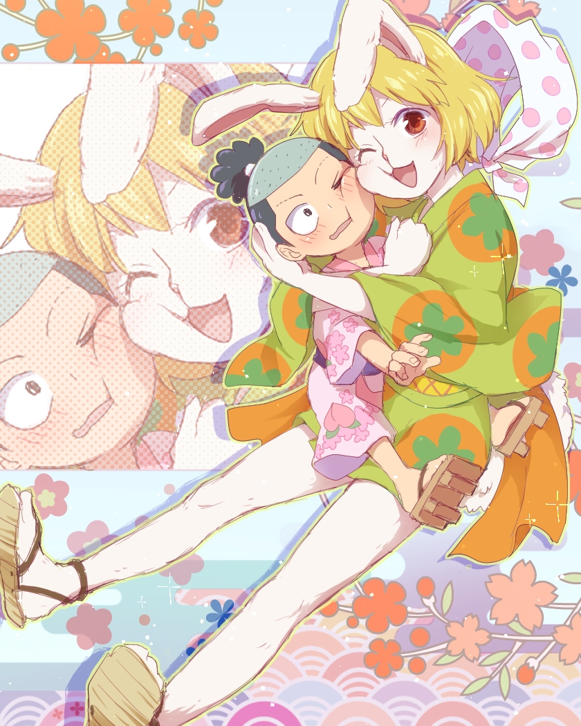 0aoiurn0, 1boy, 1girl, animal_ears, black_hair, blonde_hair, blush, carrot_(one_piece)