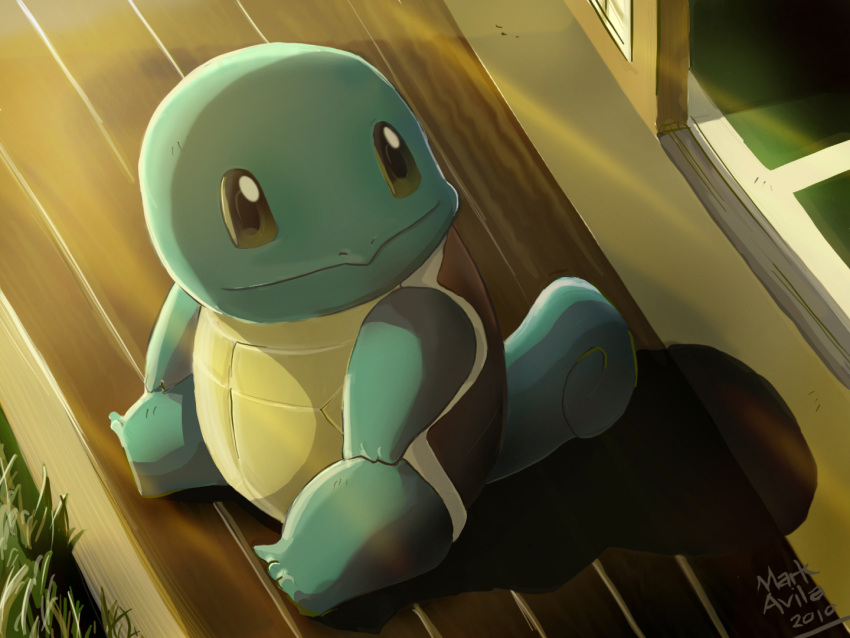 artist_name, grass, looking_at_viewer, mark331, no_humans, pokemon, pokemon_(creature), sitting, solo, squirtle, veranda, watermark, wooden_floor