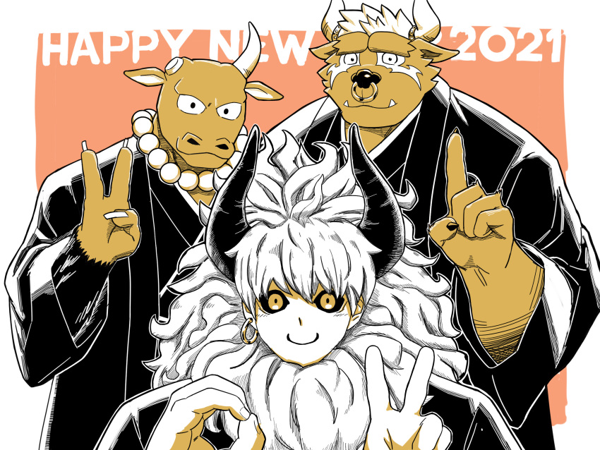 2021, 3boys, alternate_costume, animal_ears, asterios_(fate), asterius_(housamo), bead_necklace, beads, broken_horn, brown_fur, chinese_zodiac, cow_boy, cow_ears, cow_horns, crossover, earrings, facial_hair, fate/grand_order, fate_(series), furry, furry_male, goatee, haori, happy_new_year, highres, horns, index_finger_raised, japanese_clothes, jewelry, long_hair, male_focus, maou-jou_de_oyasumi, minotaur, minotauros_(maou-jou_de_oyasumi), multiple_boys, multiple_crossover, necklace, nose_piercing, nose_ring, piercing, saro_(rotsw_00022), short_hair, simple_background, single_earring, spot_color, textless_version, tokyo_afterschool_summoners, triplets, tusks, upper_body, v, year_of_the_ox