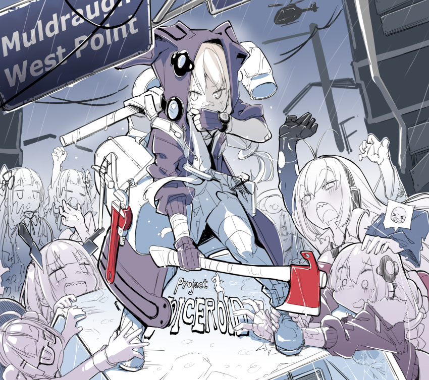 6+girls, ahoge, aircraft, animal_hood, antenna_hair, arm_up, arms_up, axe