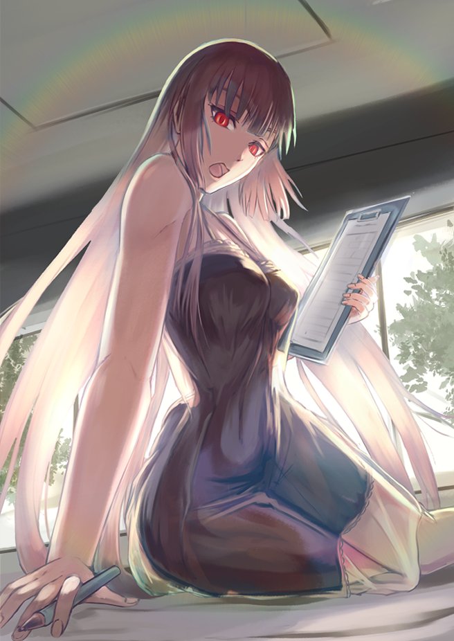 bare_arms, bare_shoulders, black_nightgown, breasts, clipboard, commentary_request, dress, fate/grand_order