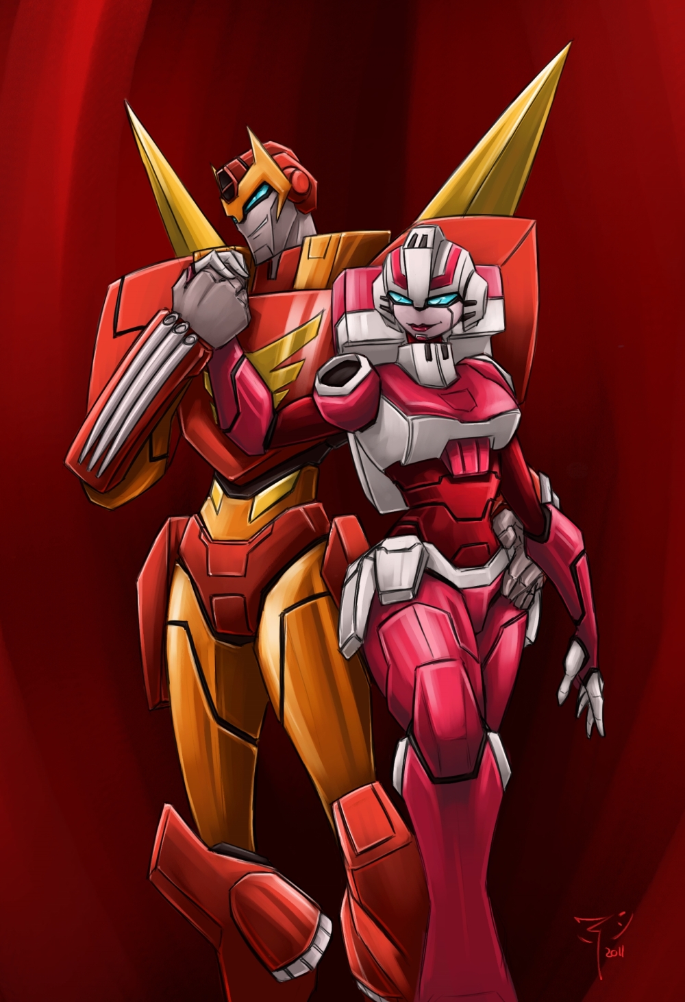 1boy, 1girl, arcee, autobot, blue_eyes, boots, breasts, crimson-nemesis
