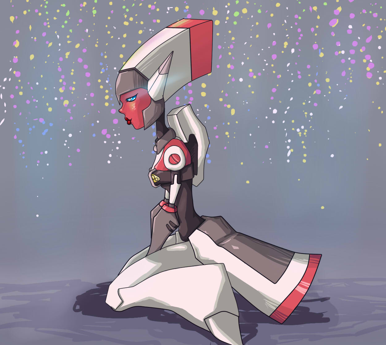 1girl, black_background, blue_eyes, boots, breasts, grey_background, mecha, nurse