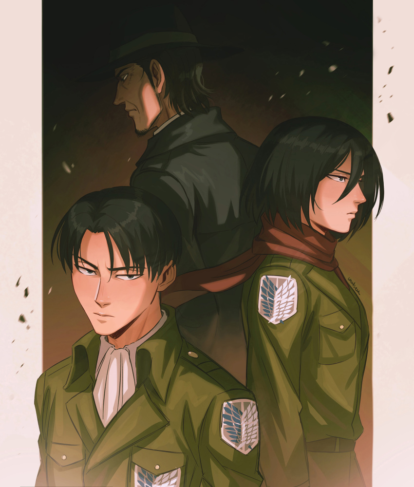 1girl, 2boys, black_coat, black_eyes, black_hair, black_headwear, breasts, chalseu