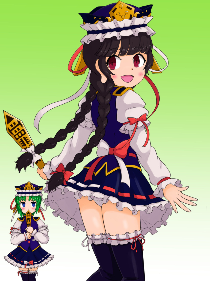 2girls, aokicosumo, black_hair, black_thighhighs, blue_eyes, blunt_bangs, bow, braid, cosplay, frilled_hat, frills, gradient_background, green_hair, hair_bow, hat, highres, long_earlobes, long_hair, long_sleeves, multiple_girls, panties, pantyshot, parted_bangs, red_eyes, red_rope, ribbon-trimmed_skirt, ribbon_trim, rope, shiki_eiki, shiki_eiki_(cosplay), short_hair, thigh-highs, touhou, twin_braids, underwear, yatadera_narumi