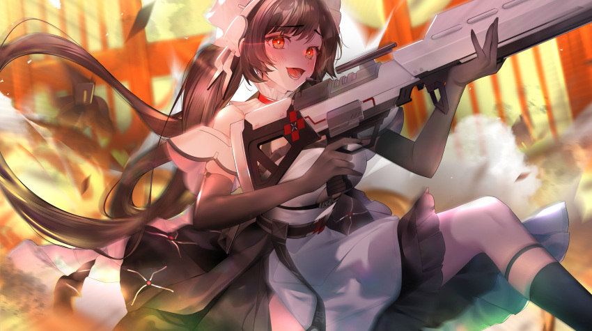 absurdres, annabella_(tower_of_fantasy), black_gloves, black_hair, gloves, gun, highres, liang