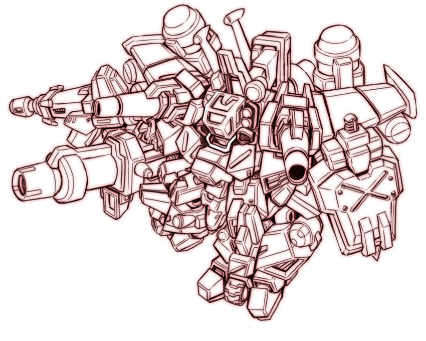 arm_shield, canopy_(aircraft), caterpillar_tracks, chibi, highres, lineart, mecha, monochrome, no_humans, razangriff_raven, robot, science_fiction, shoulder_cannon, solo, super_robot_wars, super_robot_wars_original_generation, uungunover, white_background