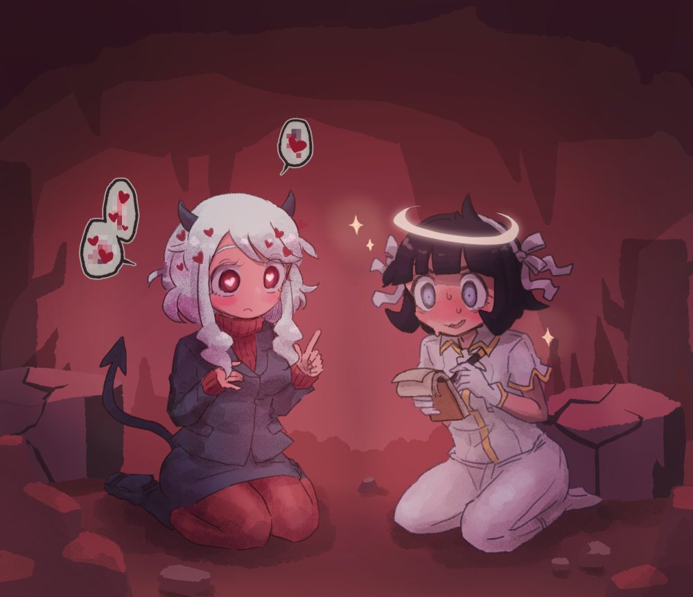 2girls, angel, azazel_(helltaker), black_footwear, black_hair, black_horns, black_jacket, black_skirt