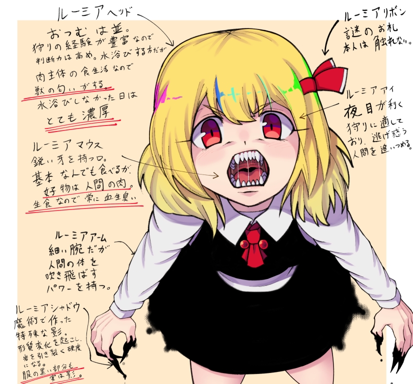 1girl, ascot, black_skirt, black_vest, blonde_hair, border, collared_shirt, darkness