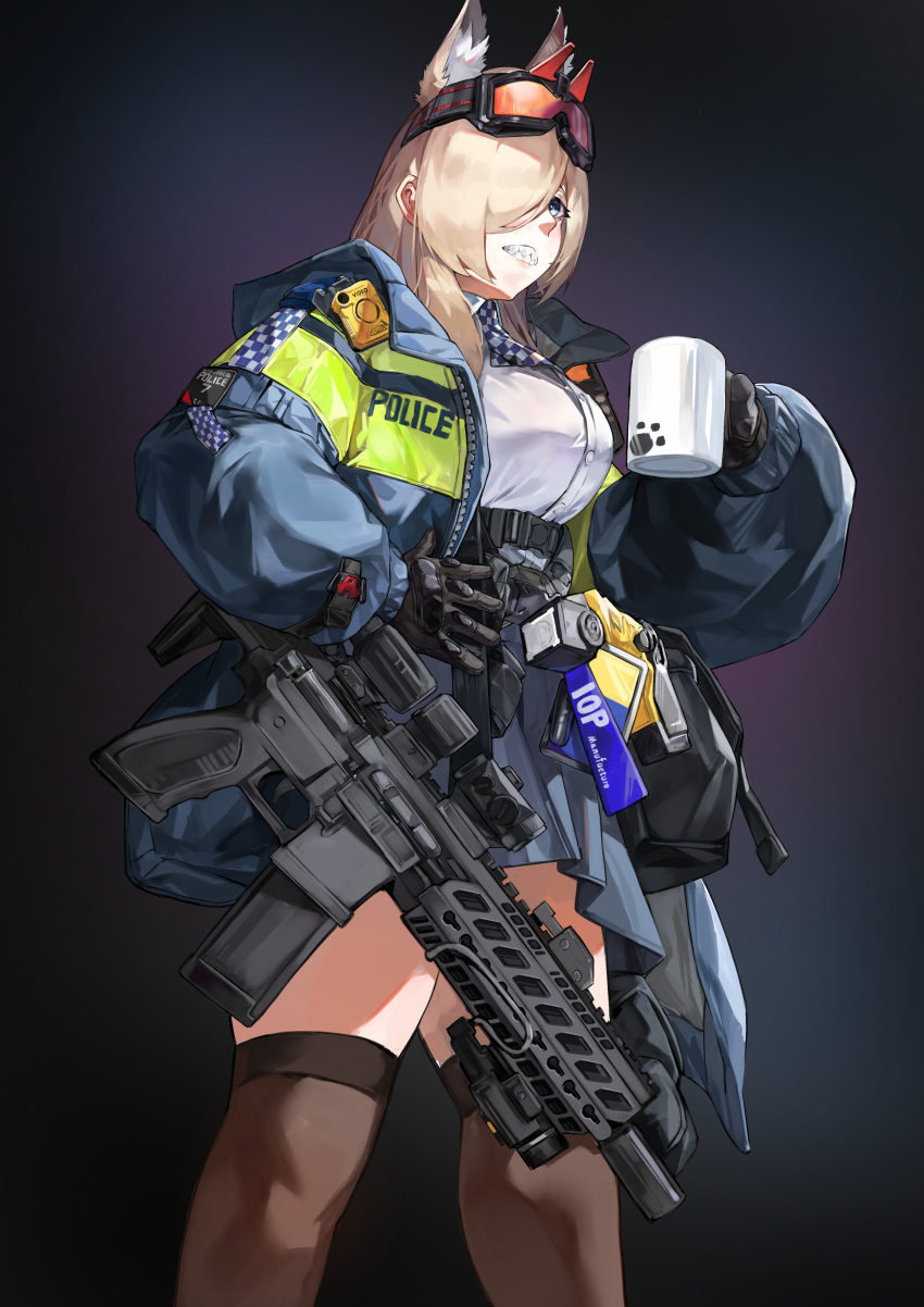 1girl, absurdres, alternate_costume, animal_ear_fluff, animal_ears, bag, black_gloves, blue_archive, blue_eyes, chadlink, commentary_request, commission, cosplay, cup, dog_ears, dog_girl, extra_ears, girls_frontline, gloves, goggles, goggles_on_head, grin, gun, hair_over_one_eye, hand_on_own_hip, highres, holding, holding_cup, holding_gun, holding_weapon, kanna_(blue_archive), light_brown_hair, long_hair, long_sleeves, looking_away, mug, pixiv_commission, pleated_skirt, police, police_uniform, policewoman, sharp_teeth, sidelocks, sig_mcx_(girls'_frontline), sig_mcx_(girls'_frontline)_(cosplay), sig_sauer_mcx, simple_background, skirt, smile, solo, tactical_clothes, teeth, uniform, weapon, zettai_ryouiki