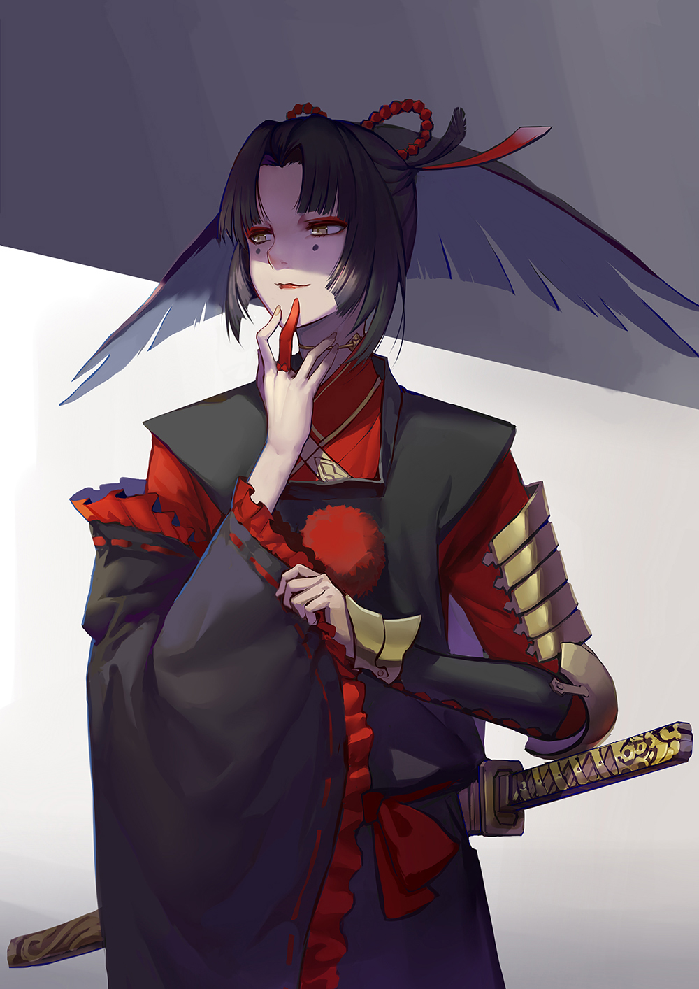 1boy, androgynous, armor, black_hair, black_pants, black_vest, charimei, closed_mouth