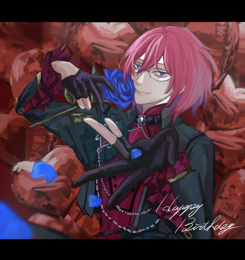 1boy, balloon, black_choker, black_gloves, black_jacket, blue_eyes, blue_flower, blue_rose