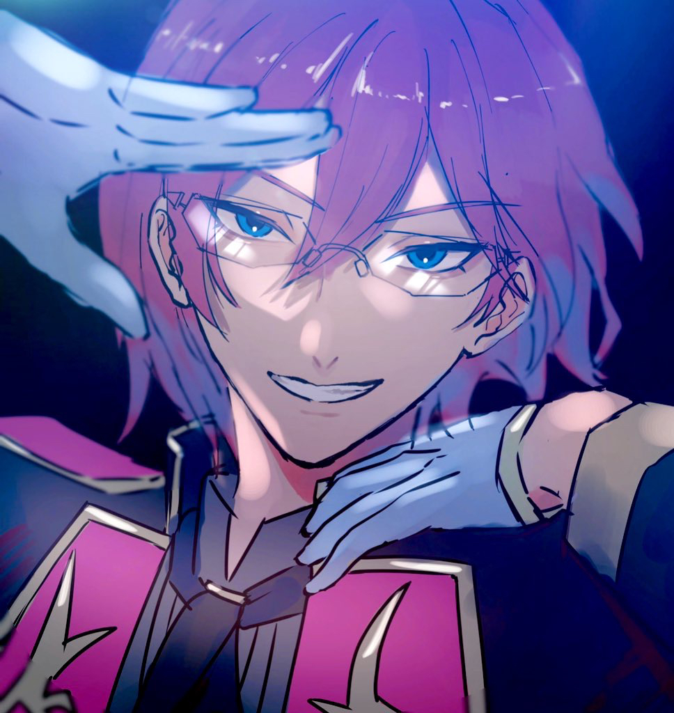 1boy, black_jacket, black_necktie, blue_eyes, ensemble_stars!, glasses, gloves, grey_shirt