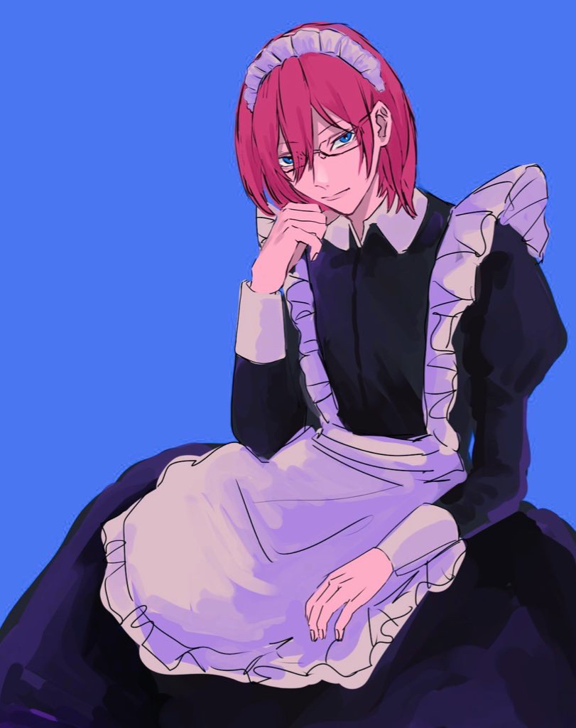 1boy, apron, blue_background, blue_eyes, closed_mouth, crossdressing, ensemble_stars!, expressionless