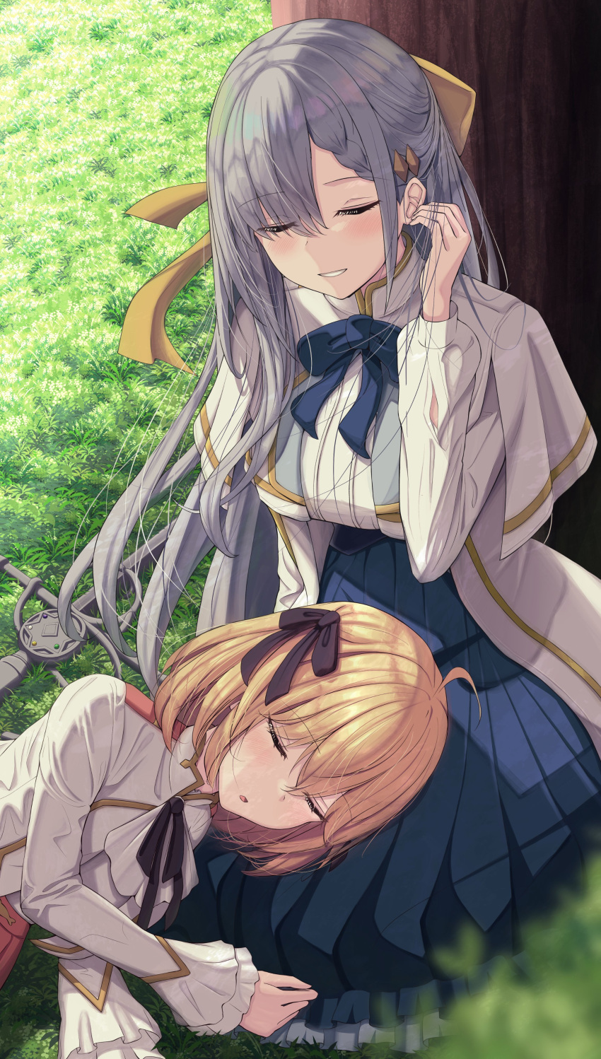 2girls, absurdres, ahoge, anisphia_wynn_palettia, ascot, black_ribbon, blonde_hair, blue_skirt