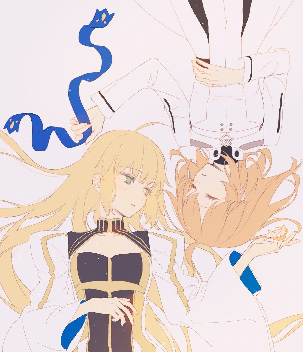 2girls, ahoge, artoria_caster_(fate), artoria_caster_(third_ascension)_(fate), artoria_pendragon_(fate), blonde_hair, closed_eyes, fate/grand_order