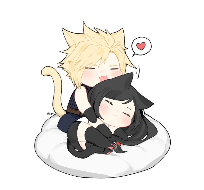 1boy, 1girl, animal_ears, animal_hands, black_gloves, black_hair, black_skirt, black_thighhighs, blonde_hair, blush, cat_boy, cat_ears, cat_girl, cat_paws, cat_tail, chibi, closed_eyes, closed_mouth, cloud_strife, couple, duoj_ji, earrings, final_fantasy, final_fantasy_vii, final_fantasy_vii_remake, full_body, gloves, heart, highres, jewelry, licking, long_hair, low-tied_long_hair, lying, on_side, pillow, ribbed_sweater, single_earring, skirt, sleeveless, sleeveless_turtleneck, spiky_hair, spoken_heart, sweater, swept_bangs, tail, teardrop_earring, thigh-highs, tifa_lockhart, tongue, tongue_out, turtleneck, turtleneck_sweater, twitter_username, white_background, zettai_ryouiki