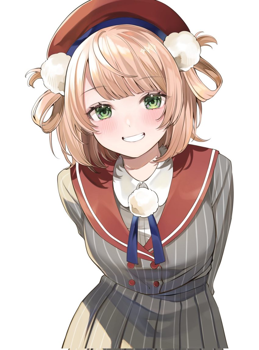 1girl, arms_behind_back, beret, blonde_hair, blue_ribbon, buttons, double-breasted, dress