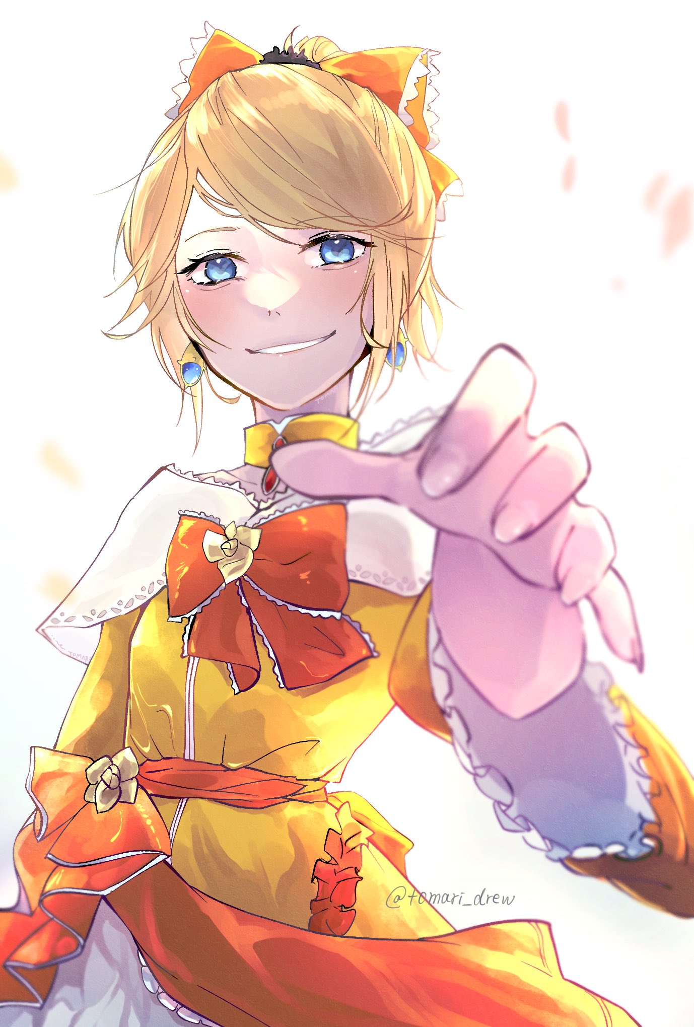 1girl, aku_no_musume_(vocaloid), anniversary, backlighting, bare_shoulders, blonde_hair, blue_eyes, blurry, bow, brooch, choker, depth_of_field, detached_collar, dress, dress_bow, dress_flower, earrings, evil_grin, evil_smile, evillious_nendaiki, falling_petals, frilled_sleeves, frills, grin, hair_bow, high_ponytail, highres, jewelry, kagamine_rin, long_sleeves, looking_at_viewer, off-shoulder_dress, off_shoulder, orange_bow, petals, reaching_towards_viewer, riliane_lucifen_d'autriche, smile, solo, swept_bangs, tomari_drew, twitter_username, updo, vocaloid, wide_sleeves, yellow_choker, yellow_dress