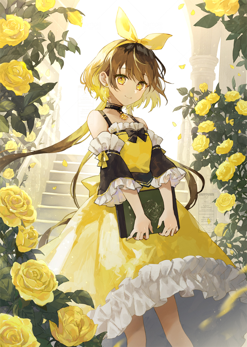 1girl, black_choker, blonde_hair, book, bow_hairband, brown_hair, choker, closed_mouth