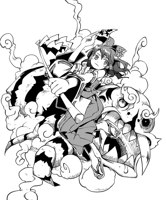 cloud, detached_sleeves, fangs, genjii, gohei, hakurei_reimu, japanese_clothes, kannazuki_hato, miko, monochrome, sandals, sharp_teeth, short_hair, simple_background, teeth, touhou, touhou_(pc-98), turtle