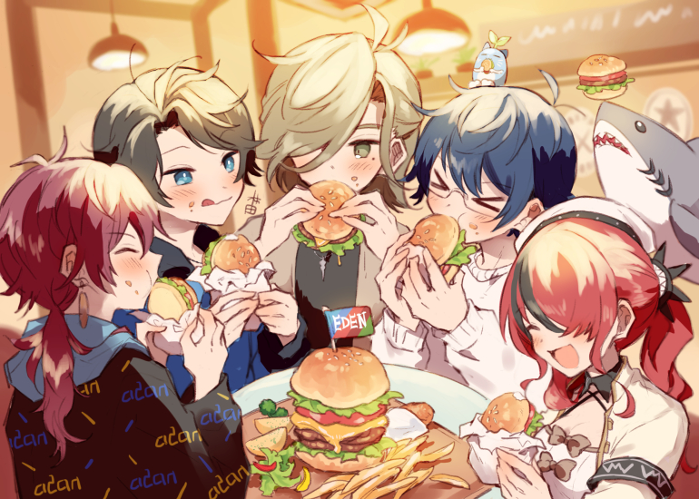 >_<, 1girl, 4boys, :q, ahoge, axia_krone, beret, black_hair, black_hoodie, black_jacket, black_shirt, blue_eyes, blue_hair, blue_shirt, blush, brown_hair, brown_jacket, burger, cheese, closed_eyes, commentary, dress, earrings, eating, eden-gumi, english_text, food, food_on_face, food_wrapper, french_fries, glasses, green_eyes, hair_over_one_eye, happy, hat, hayashidadesu, holding, holding_food, hood, hoodie, indoors, jacket, jewelry, lain_paterson, lauren_iroas, leos_vincent, lettuce, light_brown_hair, mameneko_(leos_vincent), mini_flag, multicolored_hair, multiple_boys, nijisanji, oliver_evans, open_clothes, open_jacket, open_mouth, ponytail, redhead, restaurant, shark, shirt, signature, streaked_hair, stuffed_animal, stuffed_shark, stuffed_toy, sweater, swept_bangs, table, tomato, tongue, tongue_out, virtual_youtuber, white_dress, white_headwear, white_sweater