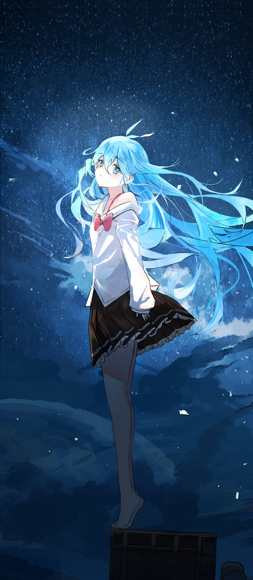 1girl, absurdres, ahoge, axleaki, barefoot, black_skirt, blue_eyes, blue_hair