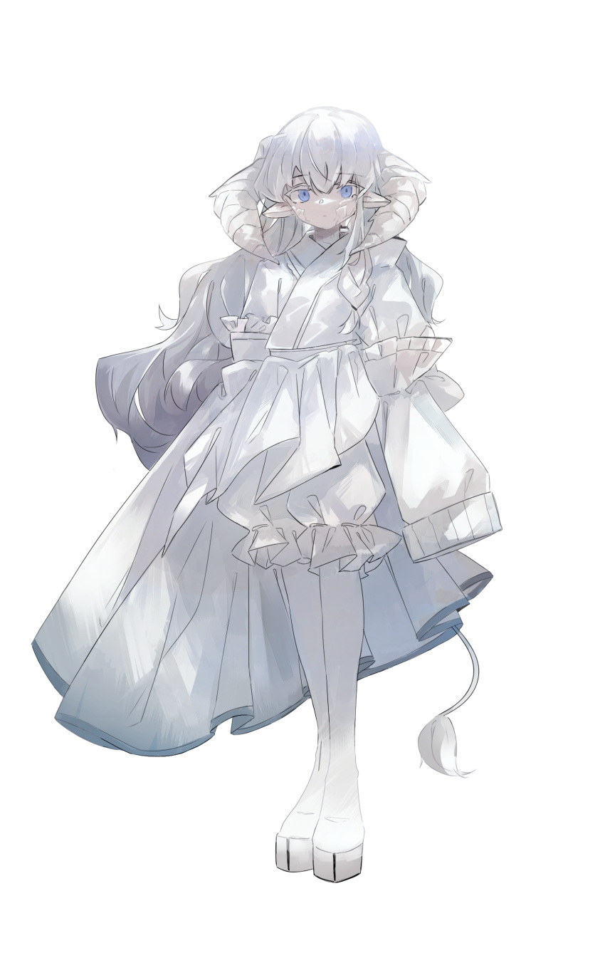 1girl, absurdres, axleaki, blue_eyes, boots, closed_mouth, detached_sleeves, dress