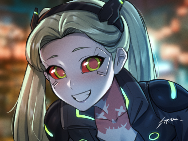 artificial_eye, colored_sclera, colored_skin, cyberpunk_(series), cyberpunk_2077, cyberpunk_edgerunners, cyborg, mechanical_eye