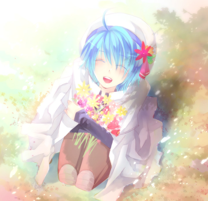 1boy, ahoge, blue_hair, blush, brown_pants, cape, closed_eyes, commentary_request