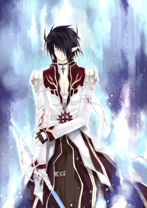 1boy, aura, bandages, black_hair, blood, brown_coat, brown_gloves, brown_horns