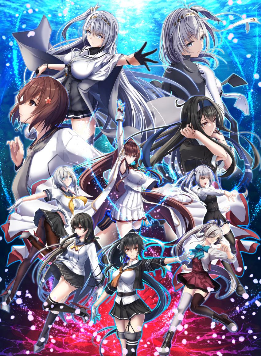 6+girls, absurdres, ahoge, aqua_bow, aqua_bowtie, asashimo_(kancolle), asashimo_kai_ni_(kancolle), asymmetrical_legwear