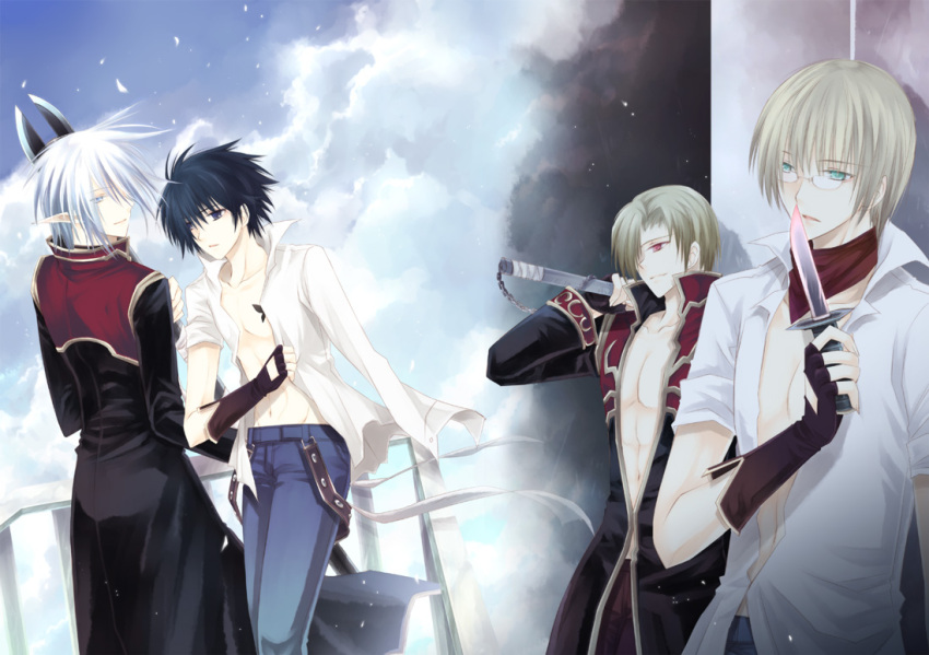 4girls, abs, bandana, belt, bishounen, black_coat, black_eyes, black_hair