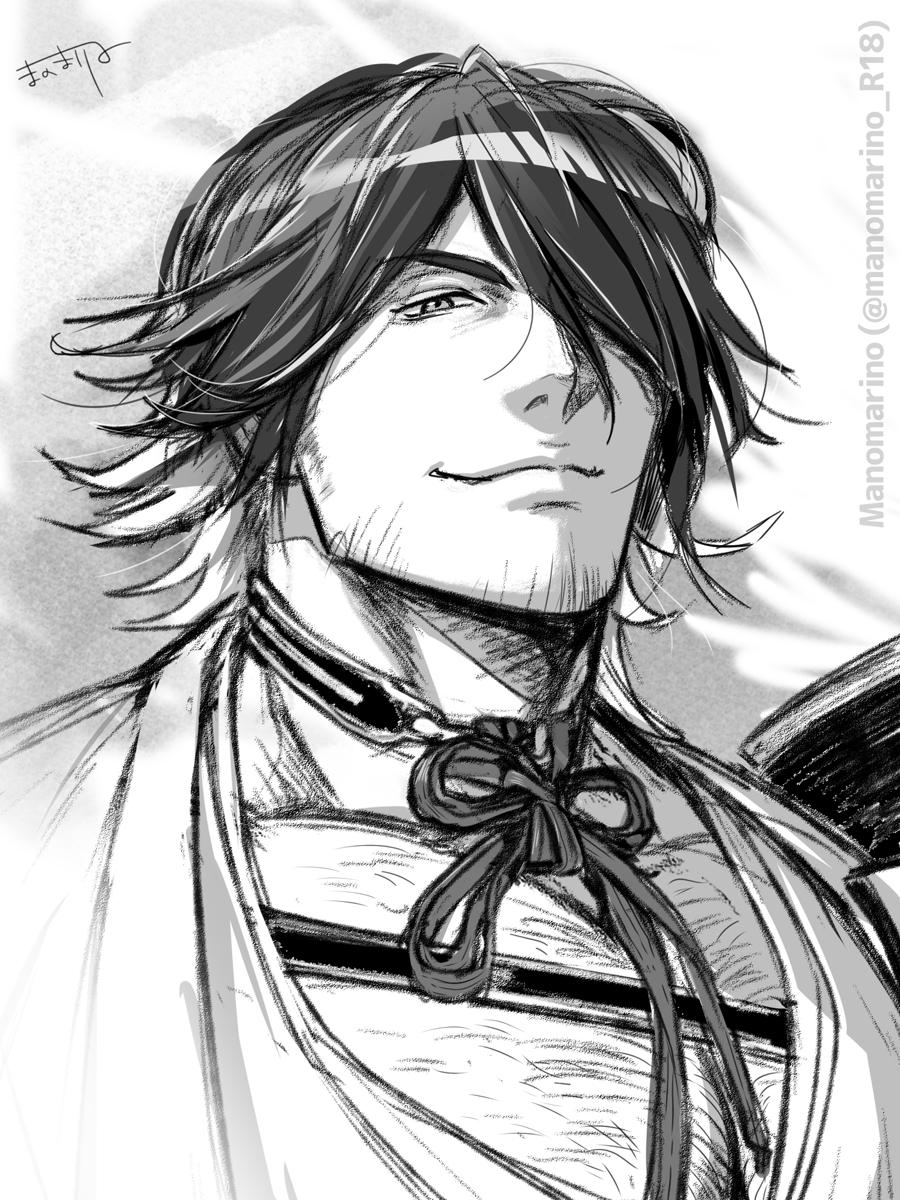 1boy, armor, artist_name, chest_hair, closed_mouth, collarbone, facial_hair, greyscale