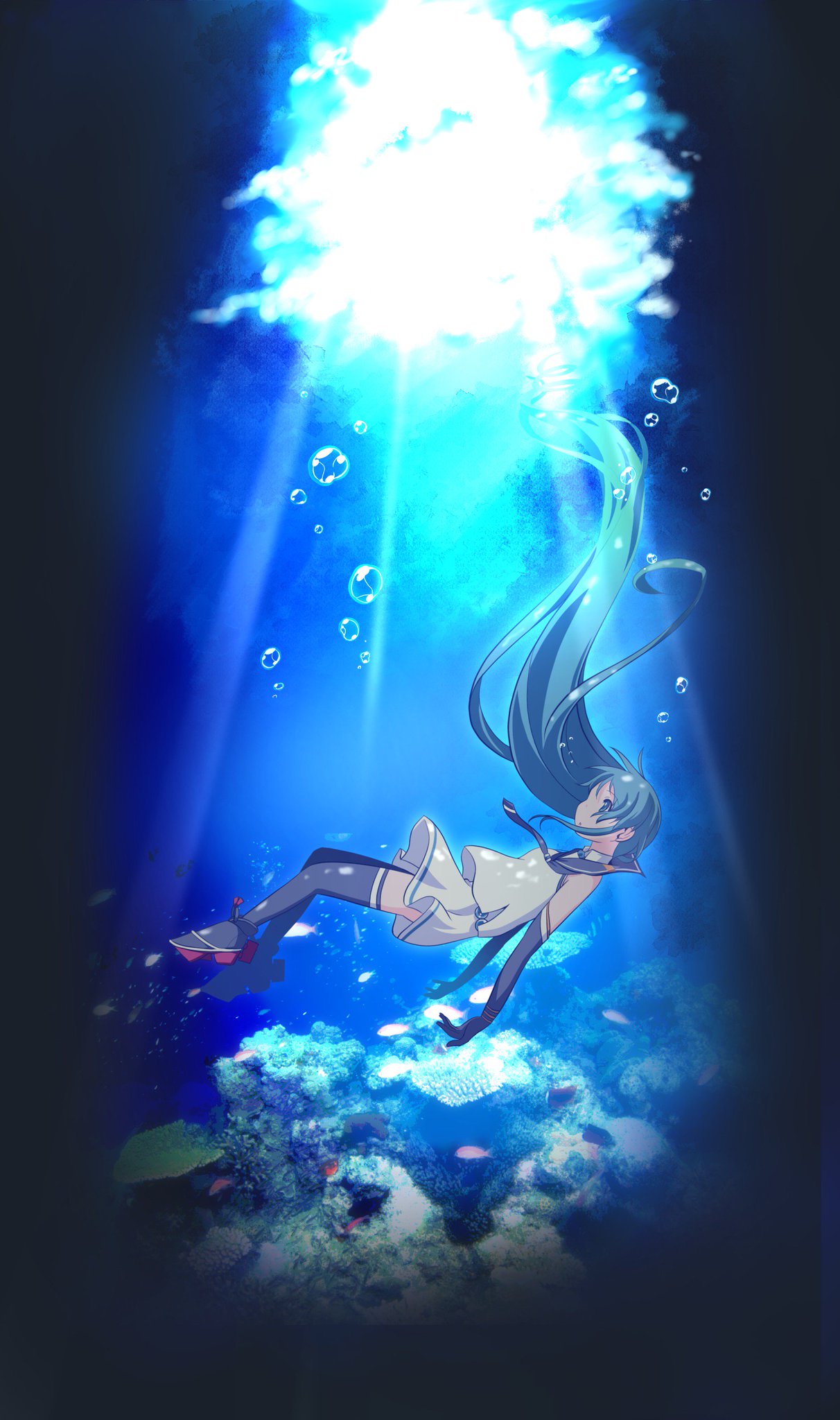 air_bubble, black_gloves, black_thighhighs, blue_eyes, blue_hair, bubble, coral_reef, elbow_gloves