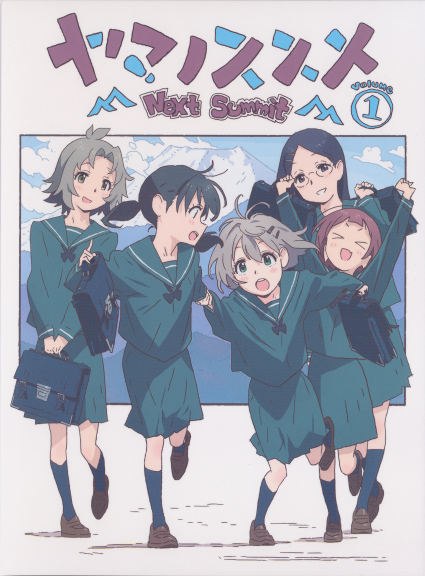 >_<, 5girls, absurdres, bag, black_hair, black_socks, brown_footwear, cover