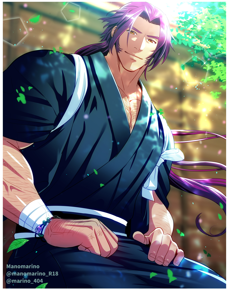 1boy, border, chest_hair, hakama, highres, japanese_clothes, leaf, long_hair